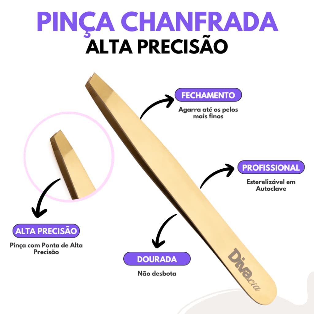 Pinça Chanfrada para Sobrancelhas Pinça Depilação Autoclavável Profissional Alta Precisão