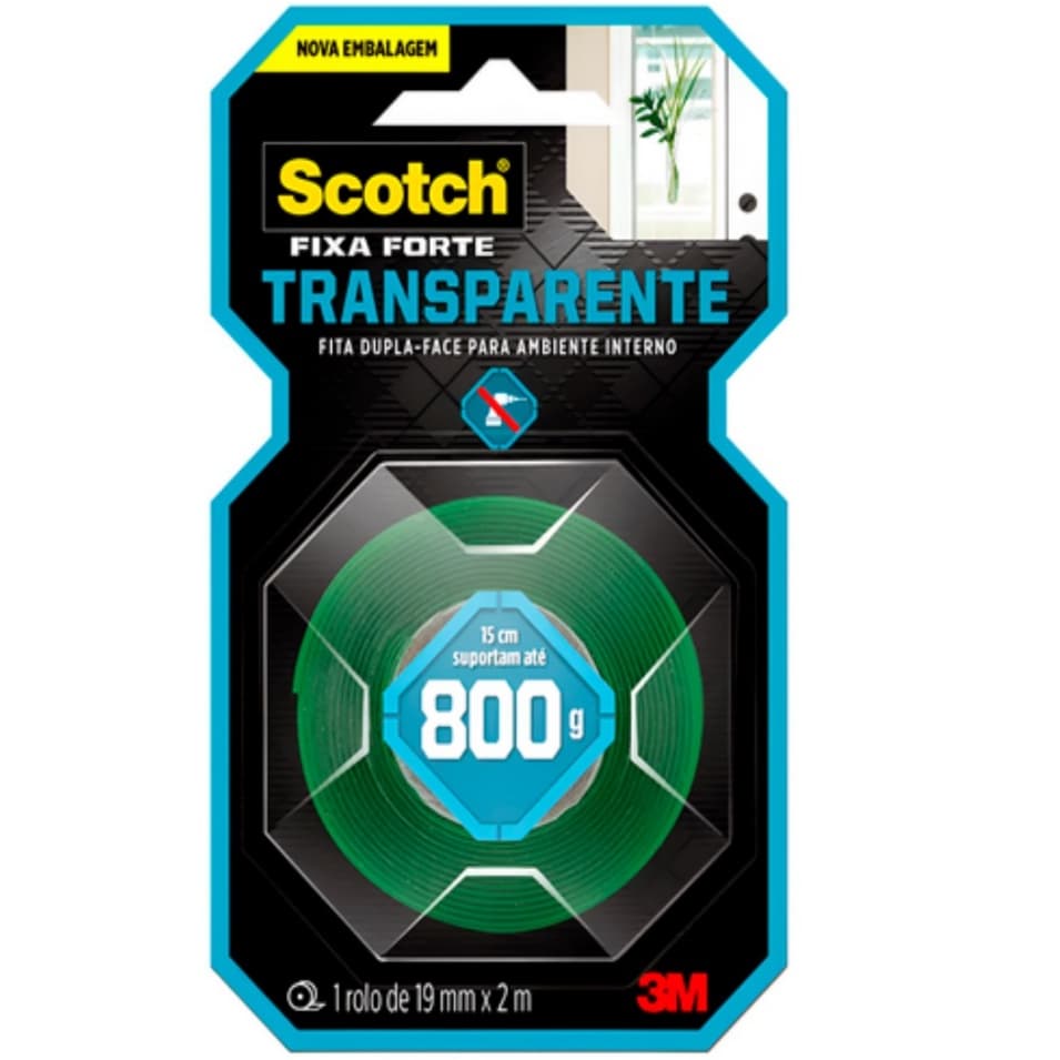 Fita Dupla Face 3M Scotch Fixa Forte Transparente 19mmx2mt A Cada 15cm Suporta 800g