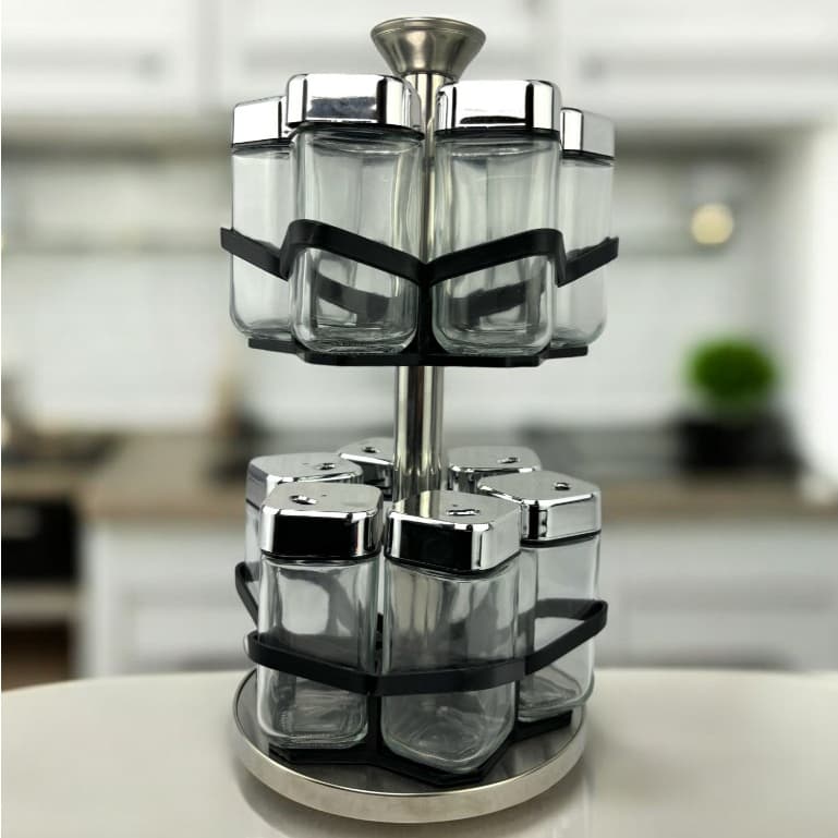 Conjunto de Potes Saleiros para Temperos Rotativo Silver Double Tower