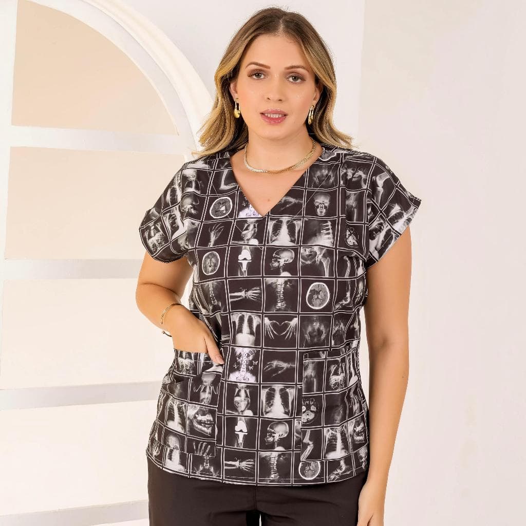 Bata Feminina Scrub personalizado (SOMENTE A BATA ESTAMPA RADIOLOGIA).