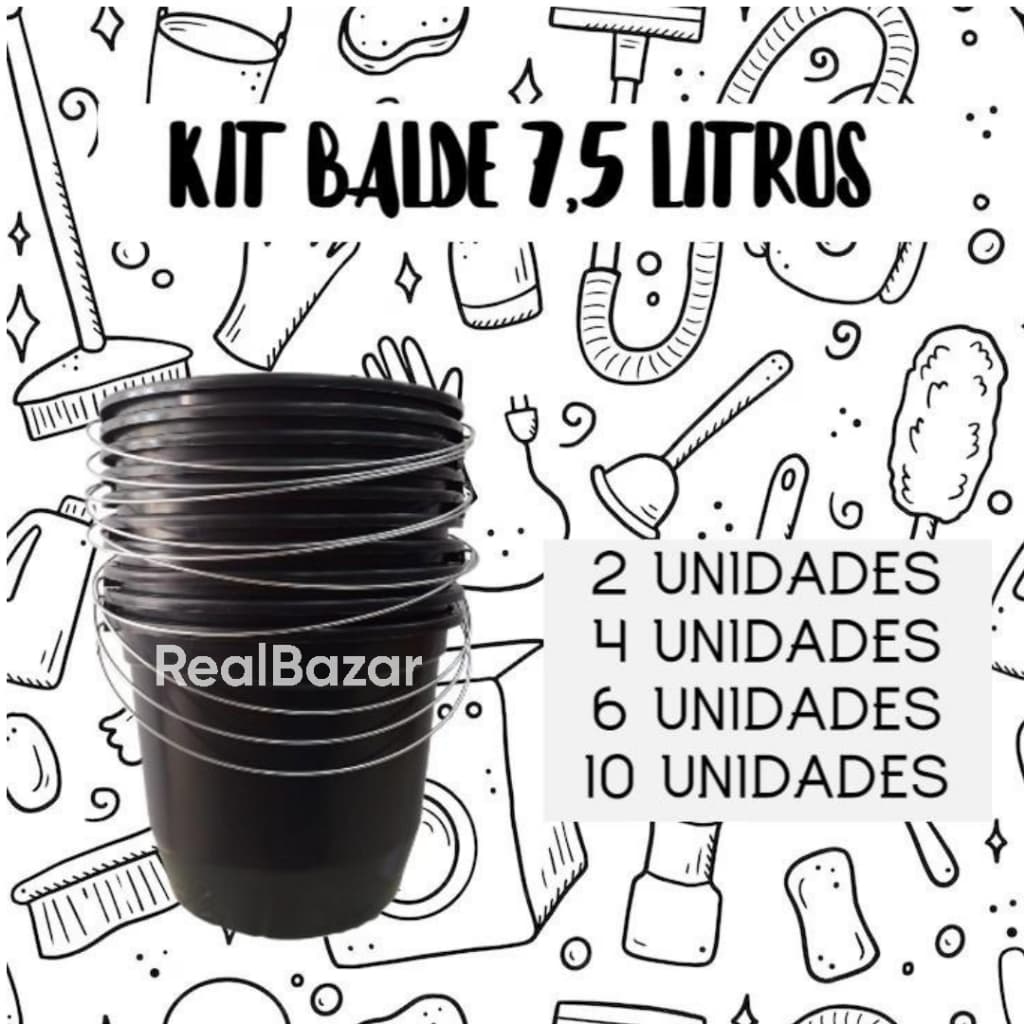 Kits 2/4/6/10 Unidades Baldes Pretos 7,5 Litros Com Alça De Ferro Reforçado