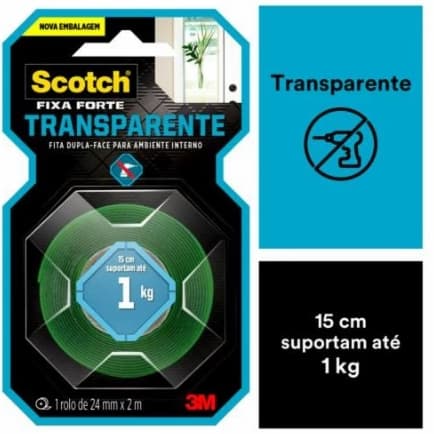 Fita Dupla Face 3M Scotch Fixa Forte Transparente 24mmx2mt A Cada 15cm Suporta 1kg