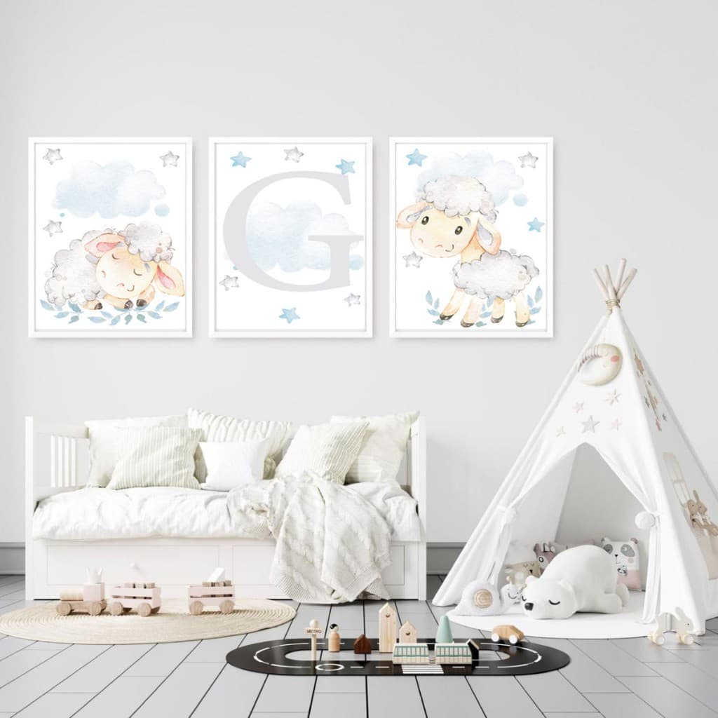 Quadro de decoração para quarto de menino - letra personalizável -  ovelha - carneirinho - 3 peças