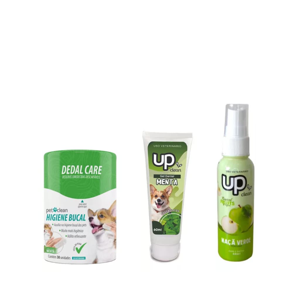 kit Dedal Care Bucal + Gel/creme Dental Pet Menta + Perfume Pet Cachorro Gato Maça Verde