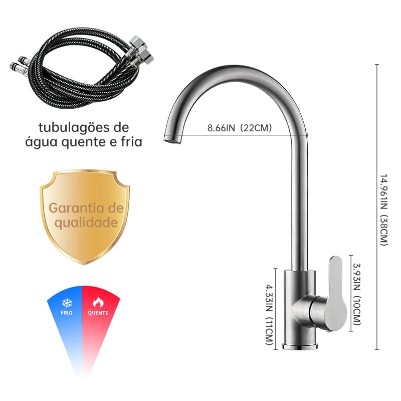 Torneira Para Cozinha Misturador Monocomando Em 100% Aço Inox 304 Cromado  - Prata