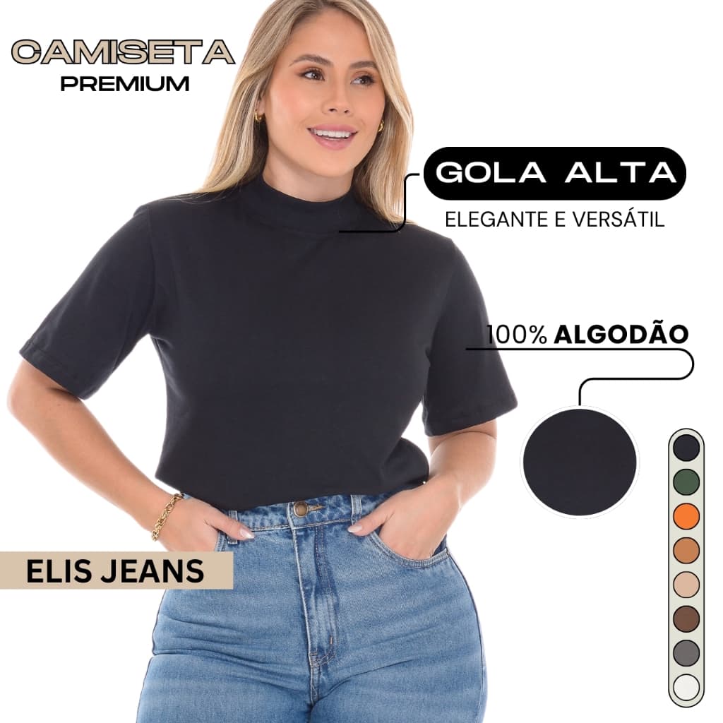 Camiseta Gola Alta Feminina Blusa Básica 100% Algodão