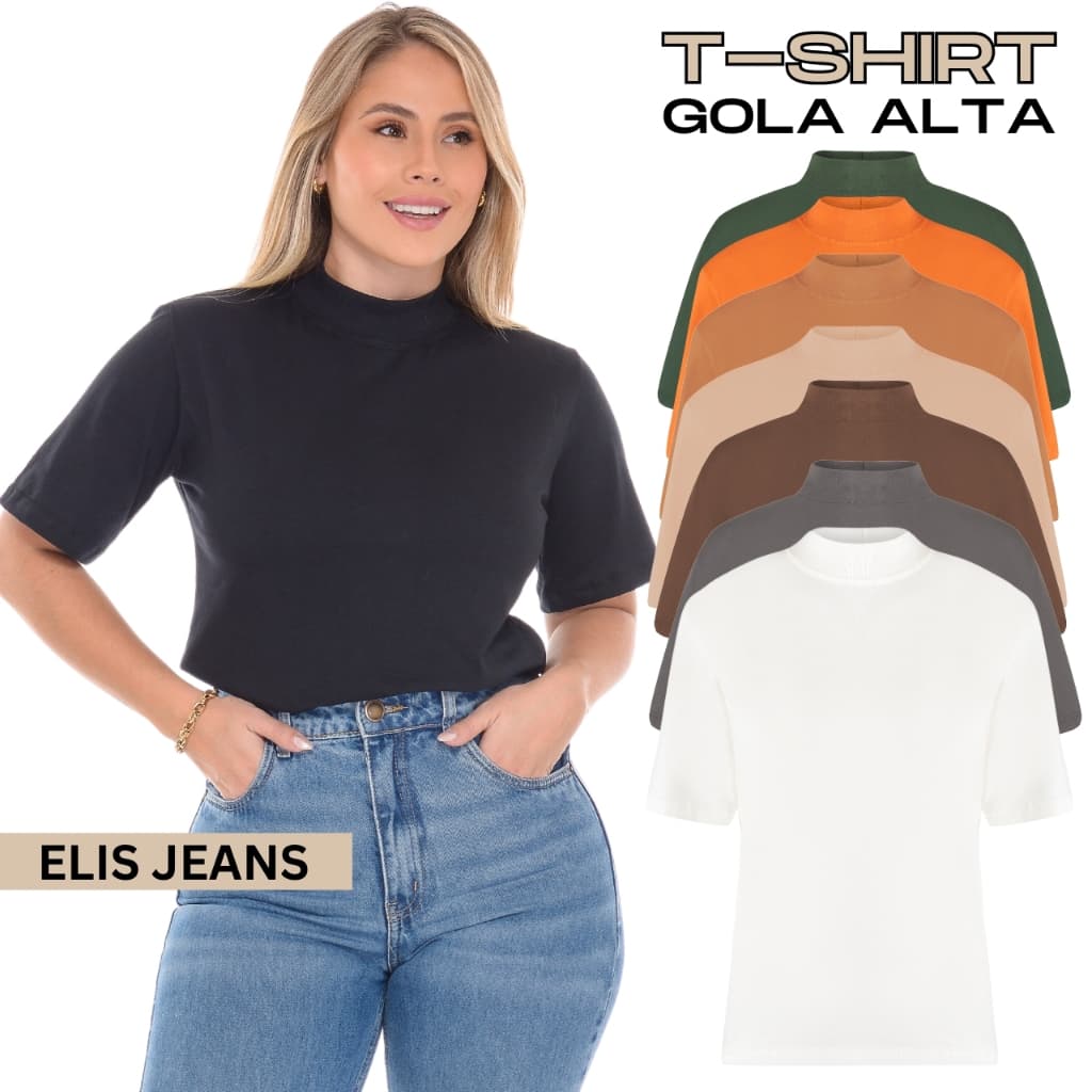 Blusa Feminina Gola Alta Camiseta Básica 100% Algodão