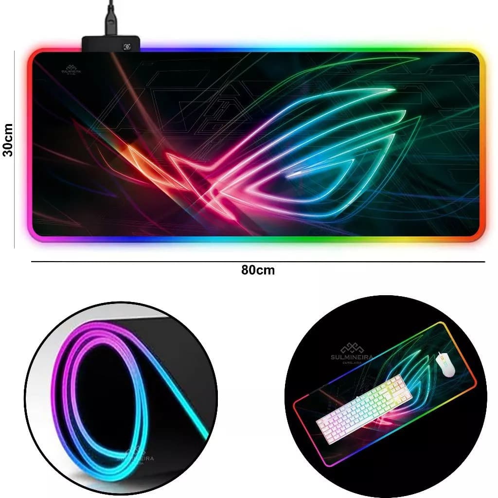 Mouse Pad Gamer ASUS Neon Rgb Extra Grande Speed Usb 80x30cm Led Profissional