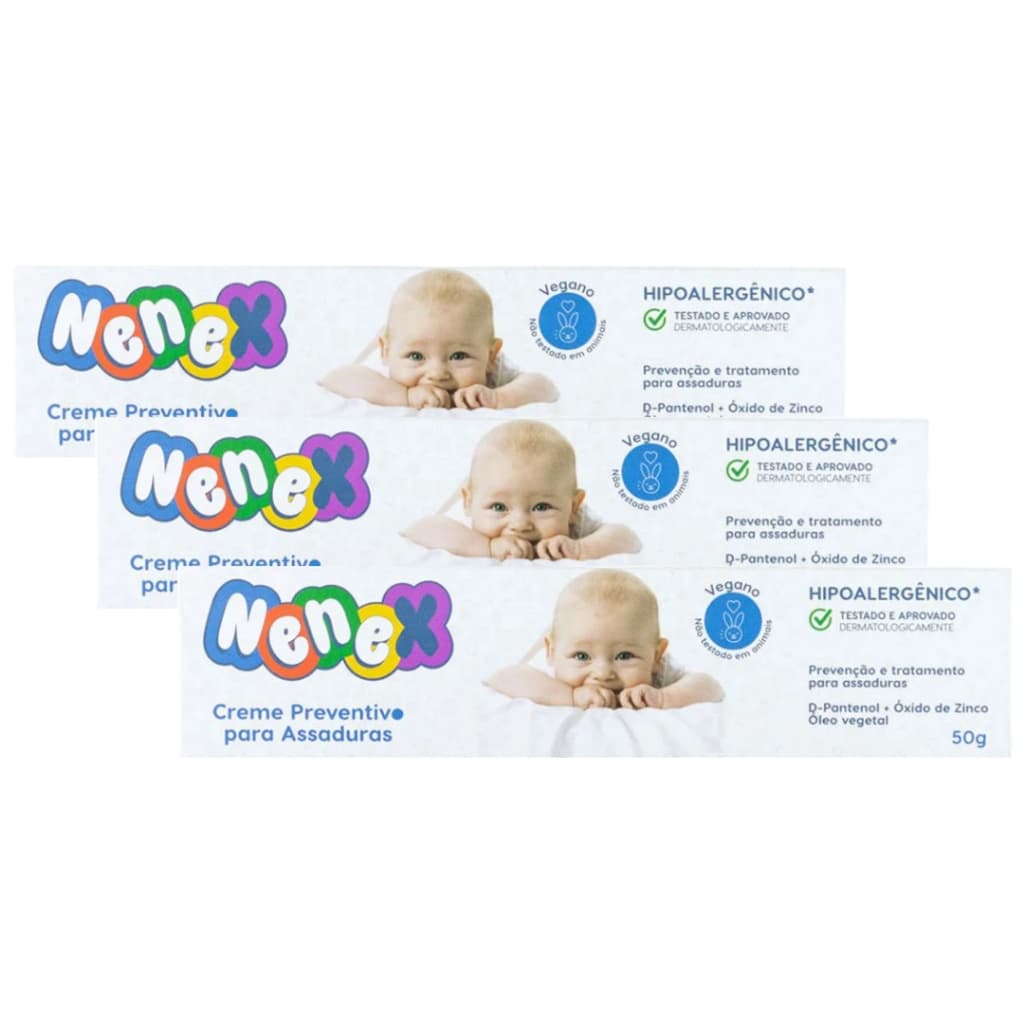 Creme Para Prevenir Assaduras Nenex Kit com 3 Pomadas 50g Hidrata e Protege a Pele do Bebê