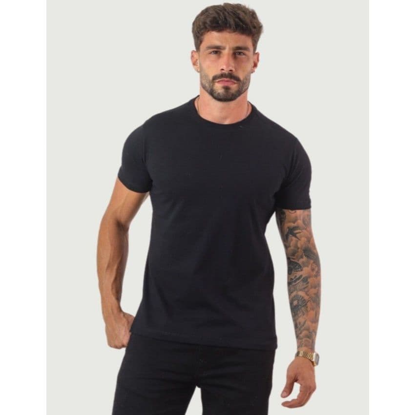 Camiseta Casual Classica Basica Em Malha Peruana Masculina PRETO