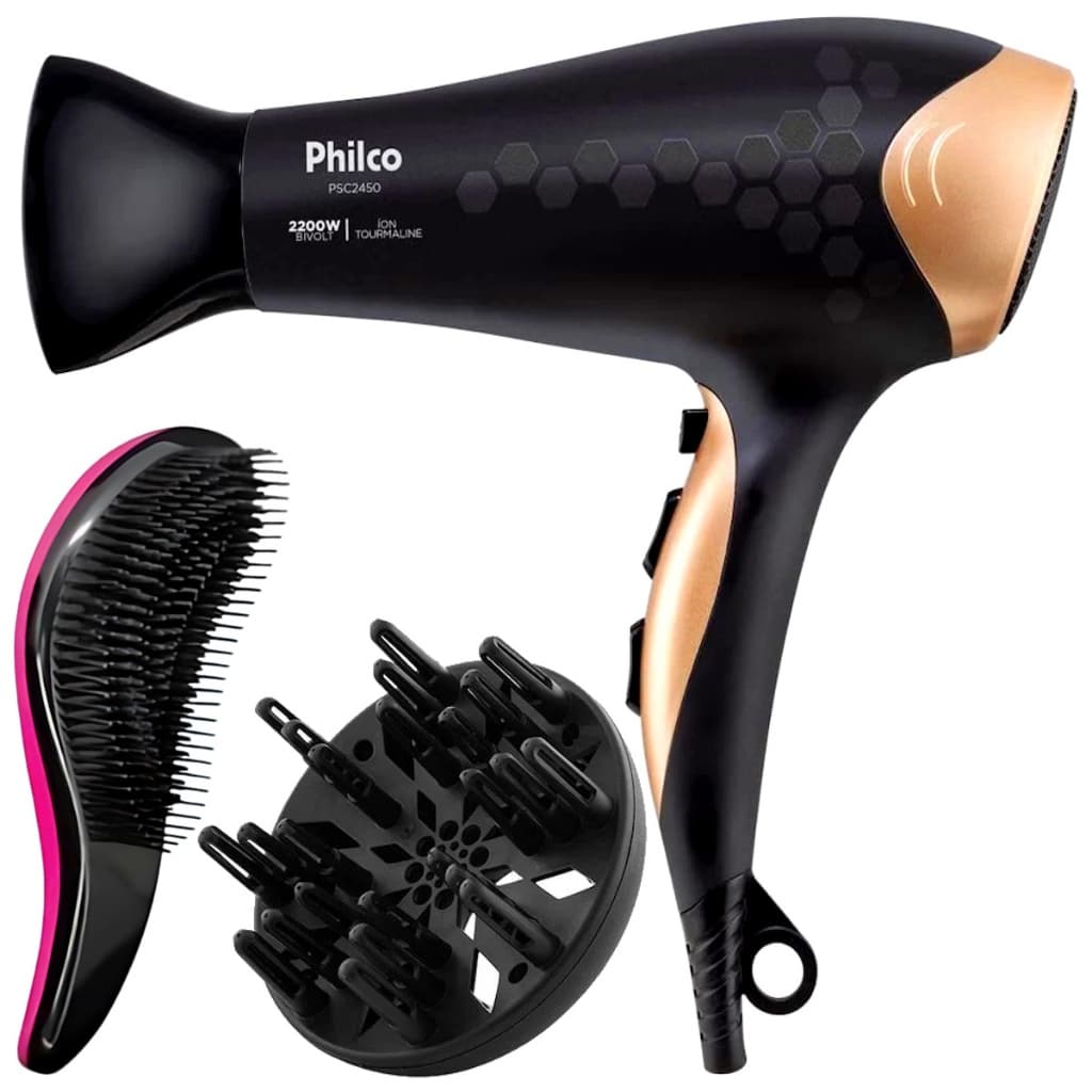 Secador De Cabelo Philco Profissional Tourmaline Ions 2200w Quente Frio Stilus Bivolt Com Difusor Cachos Escova Flex