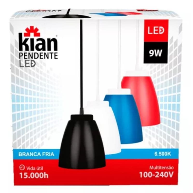 luminária pendente led 9w 6500k cores, preto/branco/azul/vermelho.