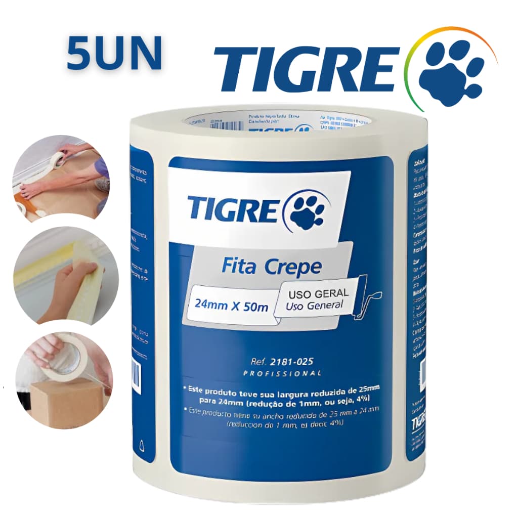 Fita Crepe Media Branca Kit com 5 Unidades 24x50 Tigre Fita Para Pintura Fita Uso Geral Fita Crepe