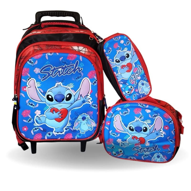 Kit 3 pçs Mochila 3D Stitch Lancheira Estojo Azul Menino com Rodinhas Masculino