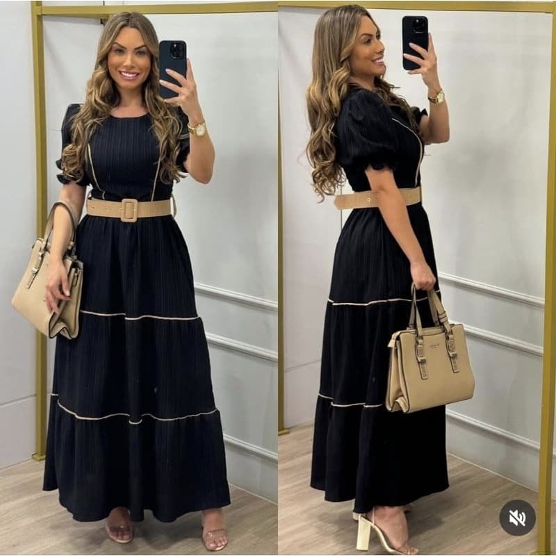 cod65. Vestido Longo com Manga e Com Cinto