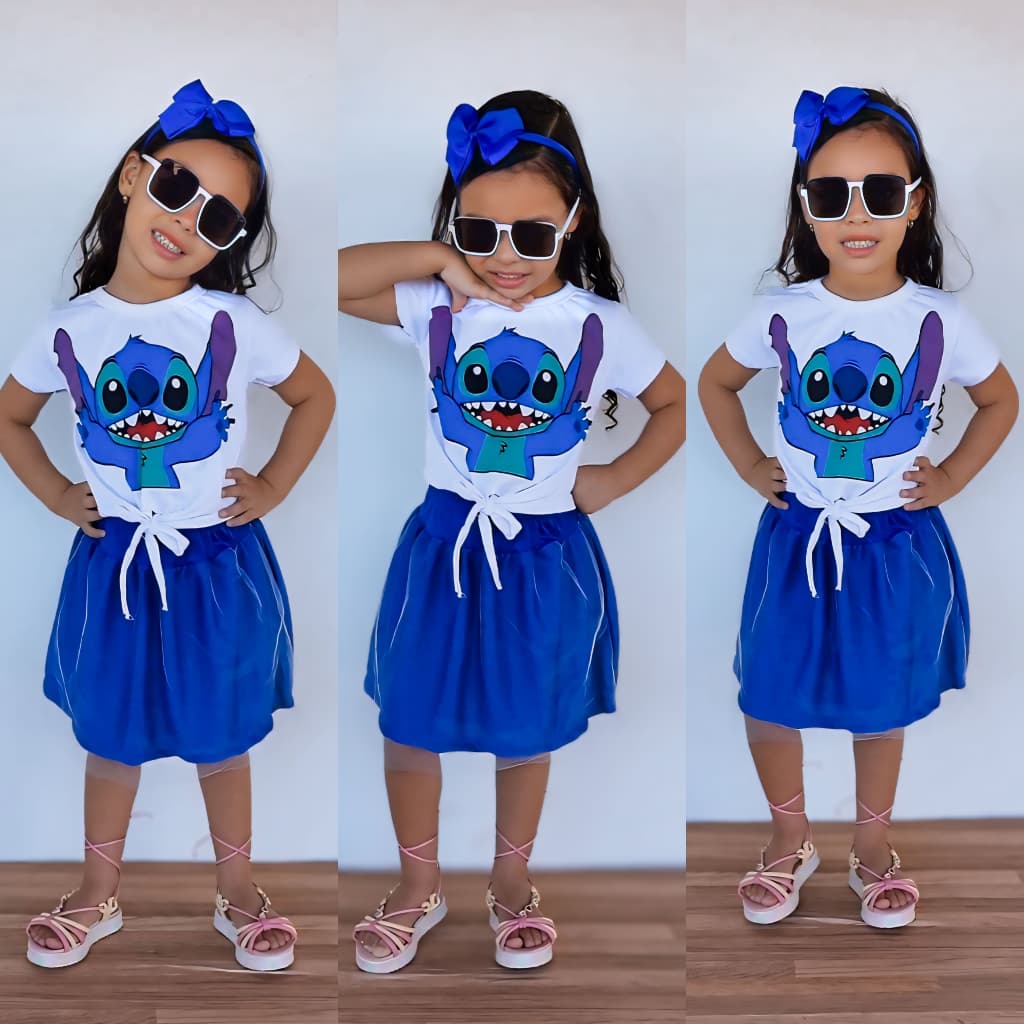 Conjunto Juvenil Femenino Stitch Infantil Roupa Menina Camisa + Saia