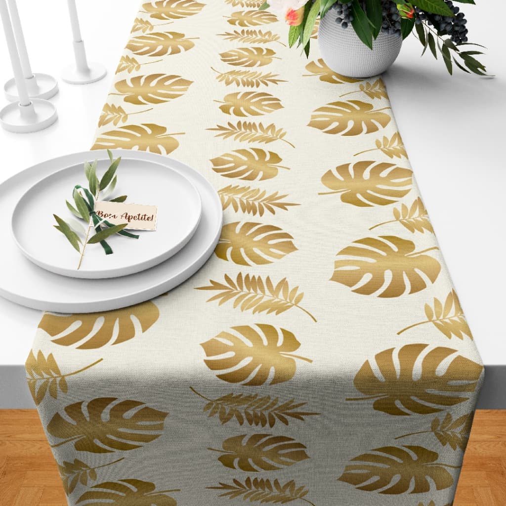 Trilho Caminho de Mesa Exclusivo Decorativo Tamanho 110X35cm Folhas Douradas