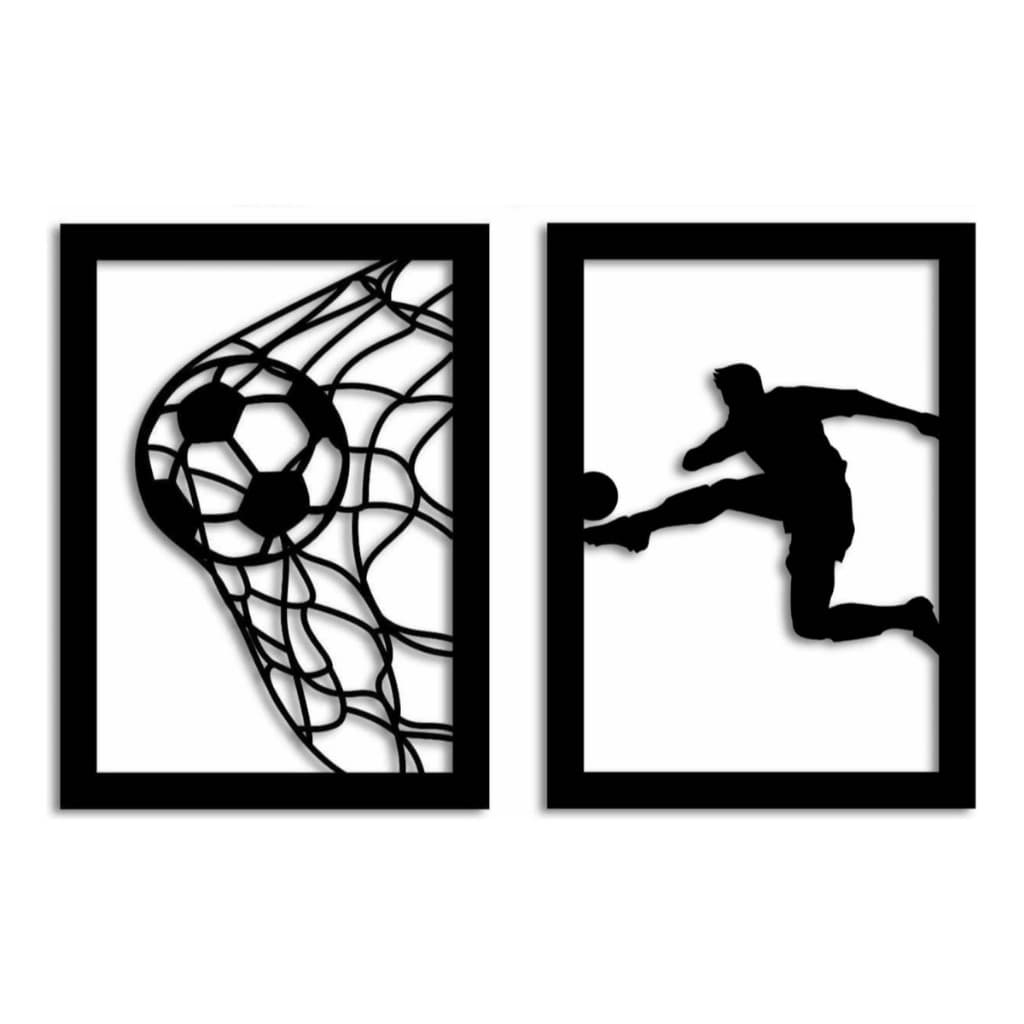 Quadro Kit dois quadros futebol jogador bola na rede decoração festa quarto menino