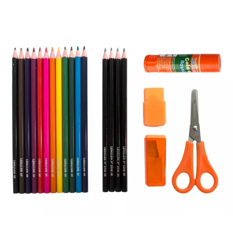 Kit Material Escolar Completo 12 Lápis de Cor 4 Lápis Preto Apontador C/ Depósito Tesoura Borracha Cola Bastão