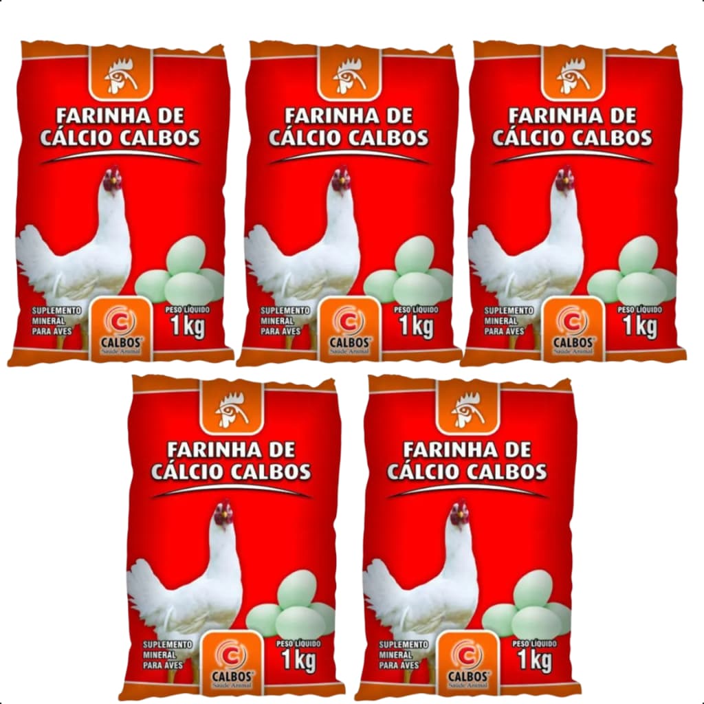 Kit 5 Farinha de Cálcio Calbos 1kg Aves Ovos e Engorda