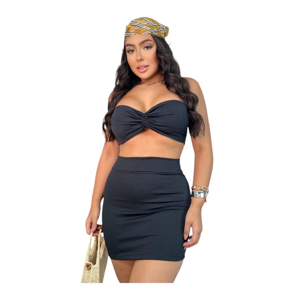 Conjunto Cropped Top e Saia Curtinho Verão Tecido Anarruga Canelado Com Bojo