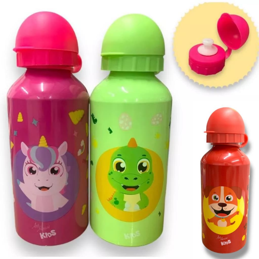 Garrafa Garrafinha Squeeze Infantil Meus Amigos Unicornio Dinossauro Agua Suco 400 ml INOX