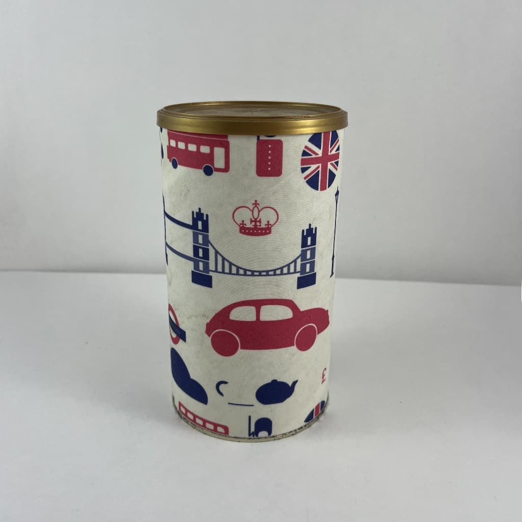 Lata para utensílios forrada de acamurçado com figuras de Londres