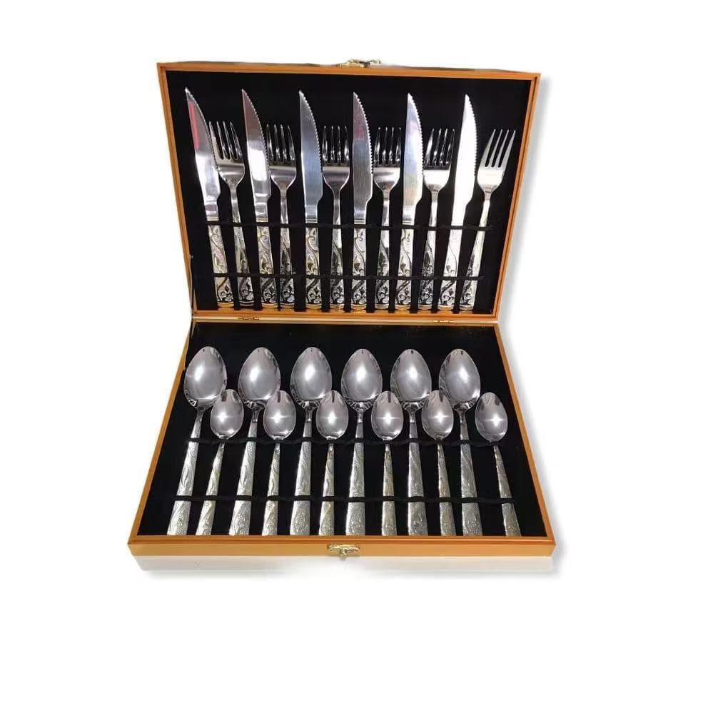Kit Faqueiro Inox 24 Peças Faca Garfo C/ Detalhes Dourado e Dourados + Maleta + Promoçao