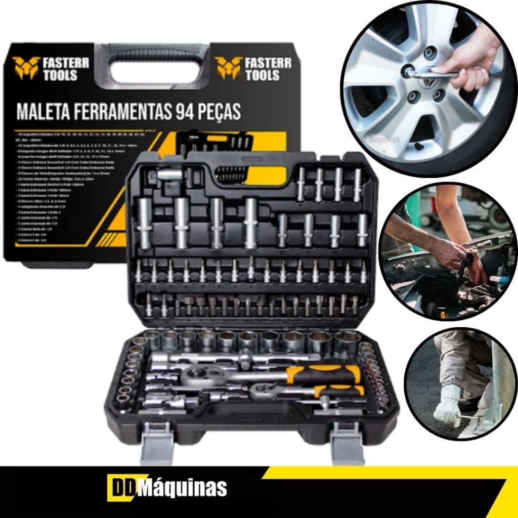 Jogo de Soquetes Encaixe 1/4-1/2 com 94 peças + Maleta - Fasterr