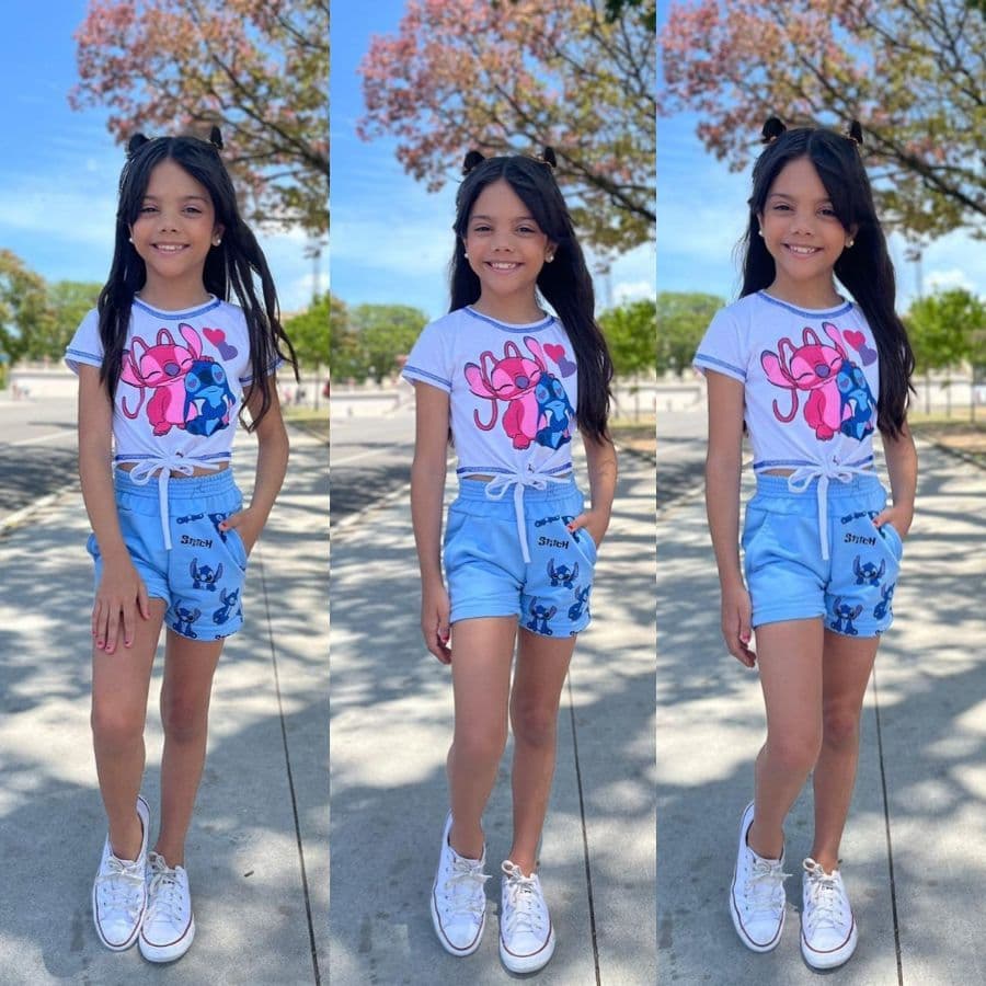Conjunto Feminino Infantil Stich Bermuda e Camisa Do  4 ao 12 Anos