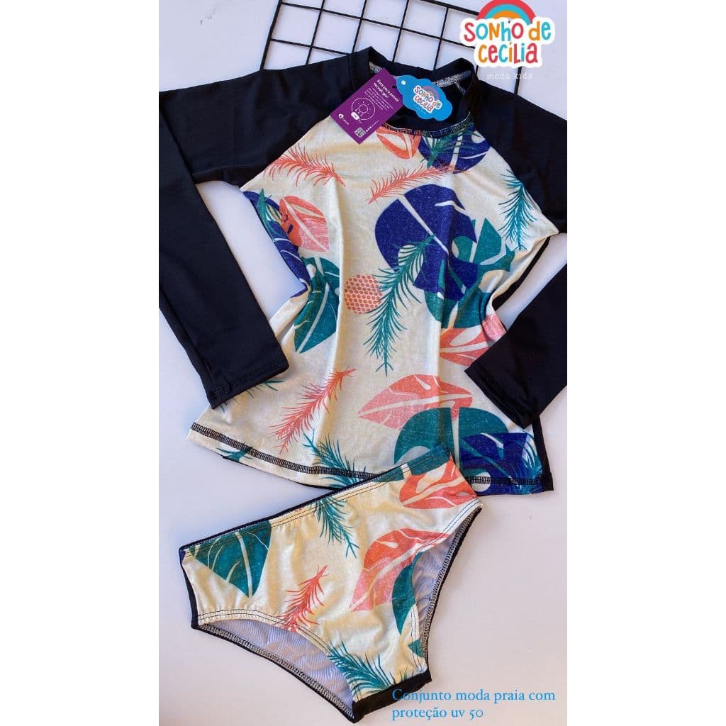 Conjunto moda praia com proteção uv 50+ Floral