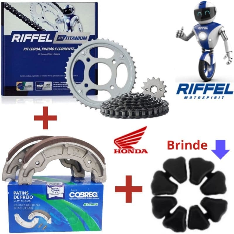 Kit Relação/Transmissão/Tração Original Riffel Titan 150/Fan 150 + Bucha Coxim Da Coroa + Patins de Freio COBREQ