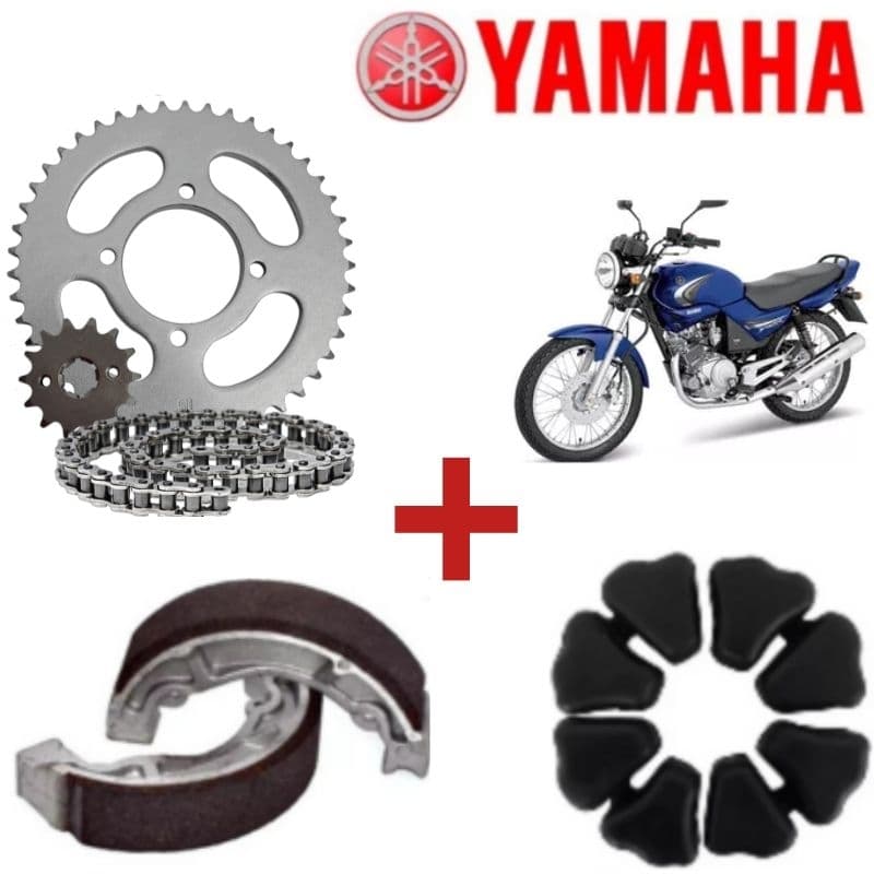 Kit Transmissão/Tração/Relação YBR 125 + Coxim Da Coroa + Patins (Lona De Freio) ANO 2000 Até 2008