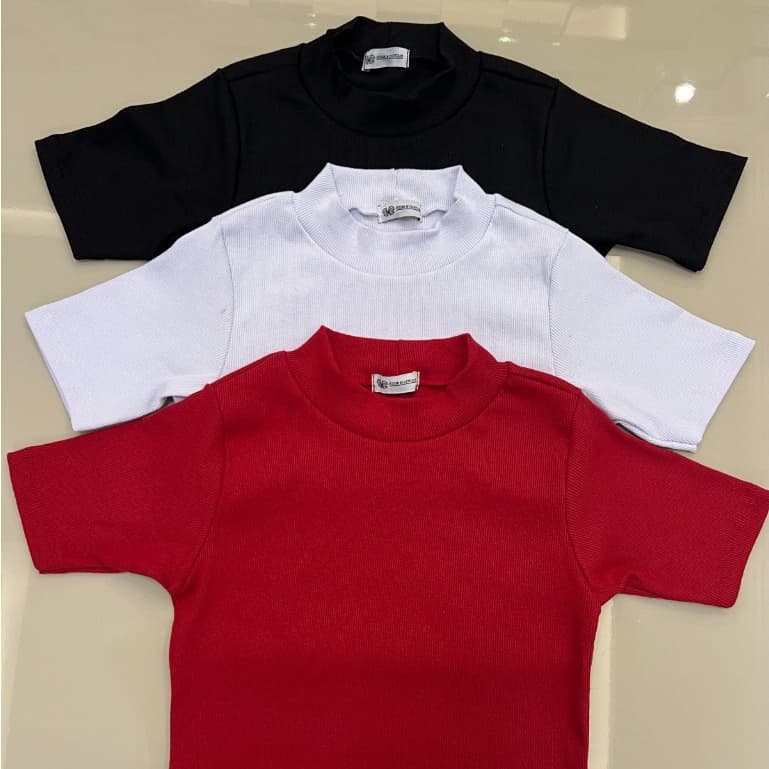 Kit 3 Blusas Feminina Com Gola Alta Manga Curta Canelado Ribana