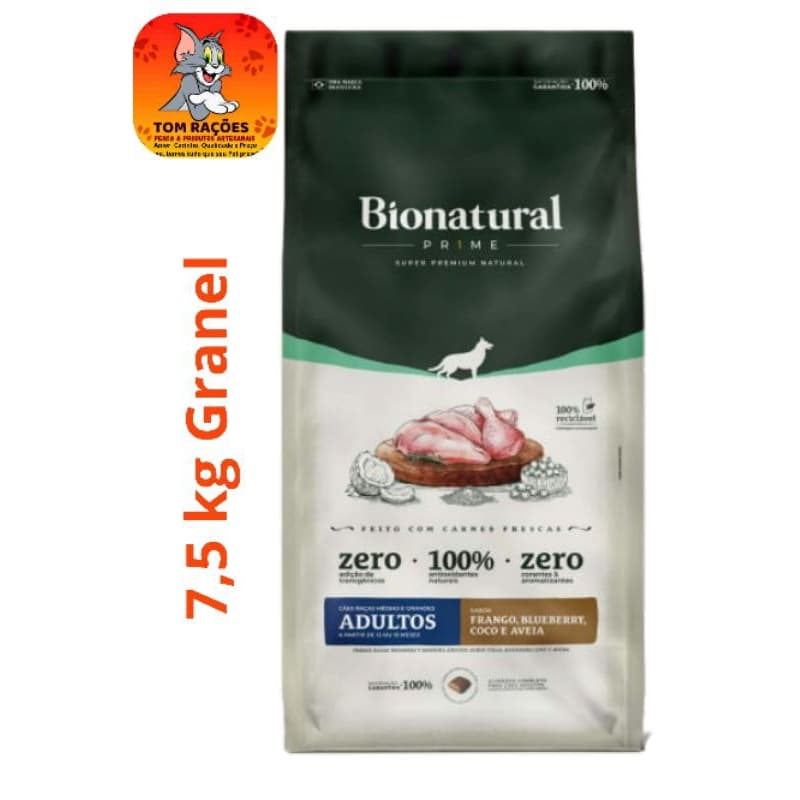 7,5 kg Ração Bionatural Prime, Super Premium, cães adultos, raças Médias e Grandes, sabor Frango