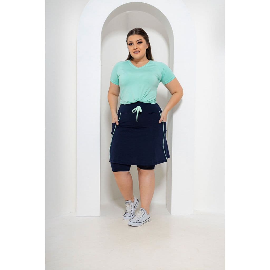 Conjunto Feminino Melissa Saia com Short  Evasê com Bolso Lateral Moda Fitness Evangélica Modesta Crista