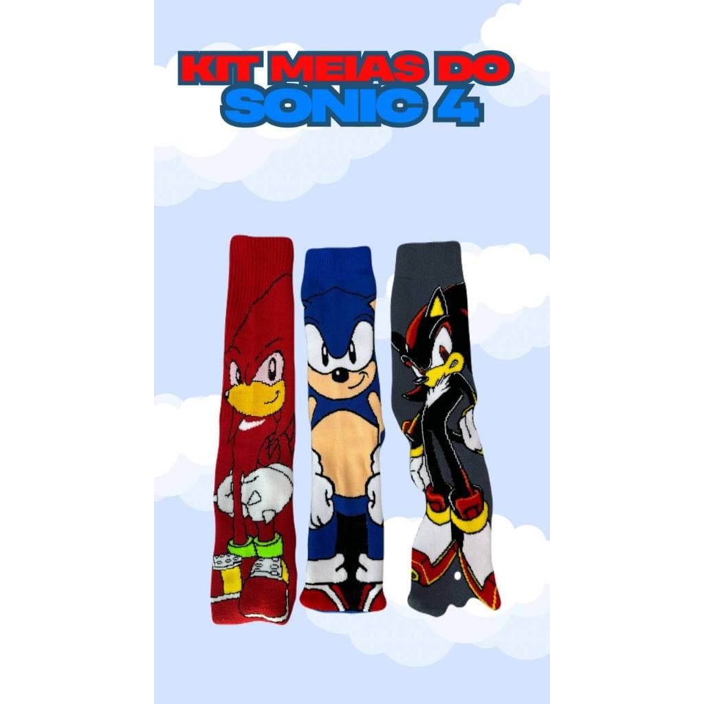 Kit 3 pares meias divertidas filme SONIC 3, tails , shadow, Knuckles, sonic, algodão, confortavel infantil/juvenil