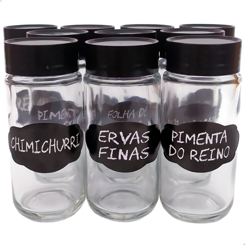 Frasco Pote Tempero - Kit com 8 - Condimento Vidro 100ml com tampa plástica e etiqueta impressa com o nome de tempero