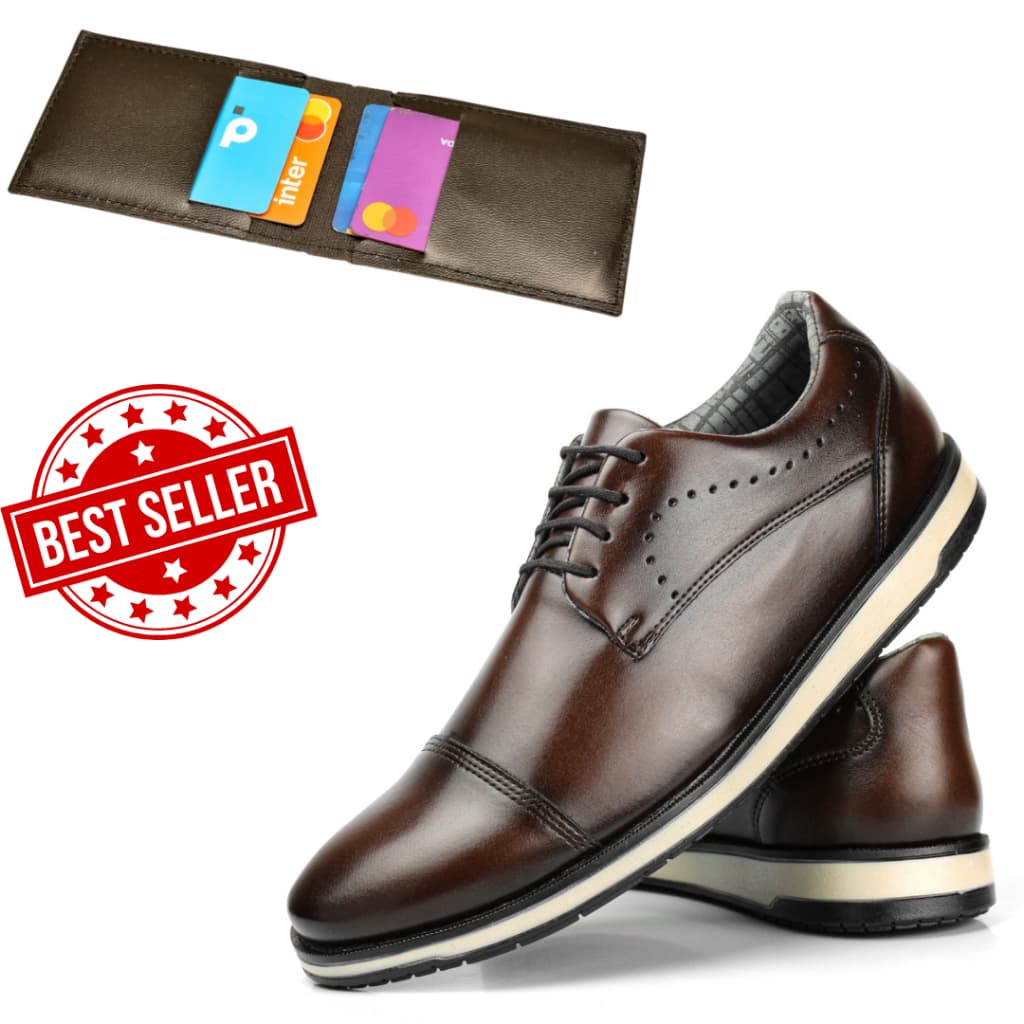Kit Sapato Social Oxford Casual Masculino Couro Elegante Casamento + Porta Cartão