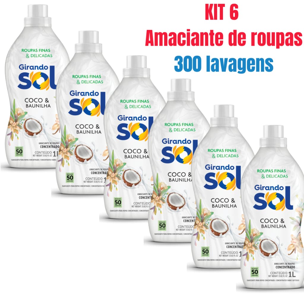 Kit 6 Amaciante Girando Sol Coco E Baunilha Concentrado 1 Litro - Rende até 50 Lavagens Cada