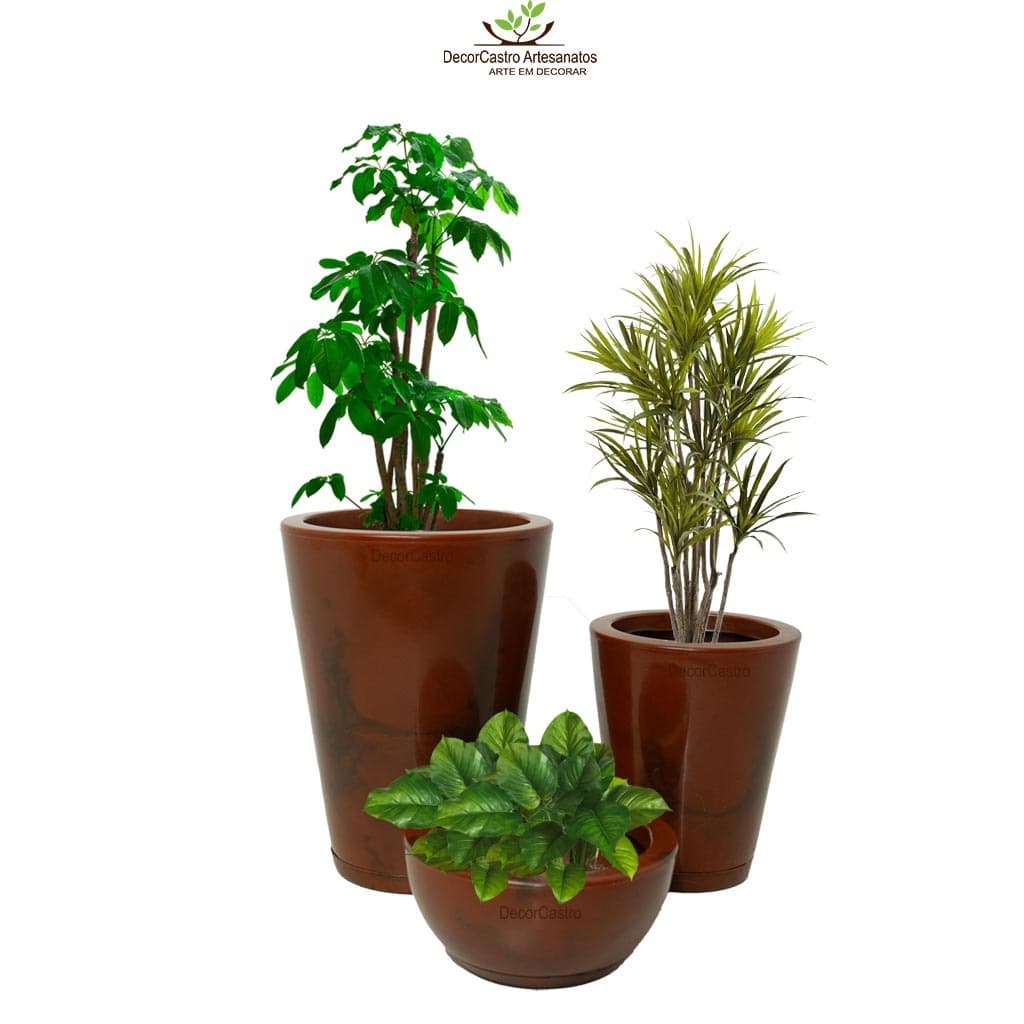 Kit 3 Vasos Para Planta em Polietileno Marmorizado Liso Brilho Coluna Redonda P/PP Bacia P