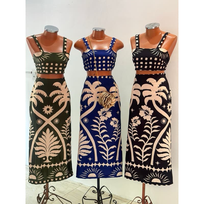 conjunto midi moda paty nordestina carnaval verão estampa farm tecido suede premium cores do momento festa praia