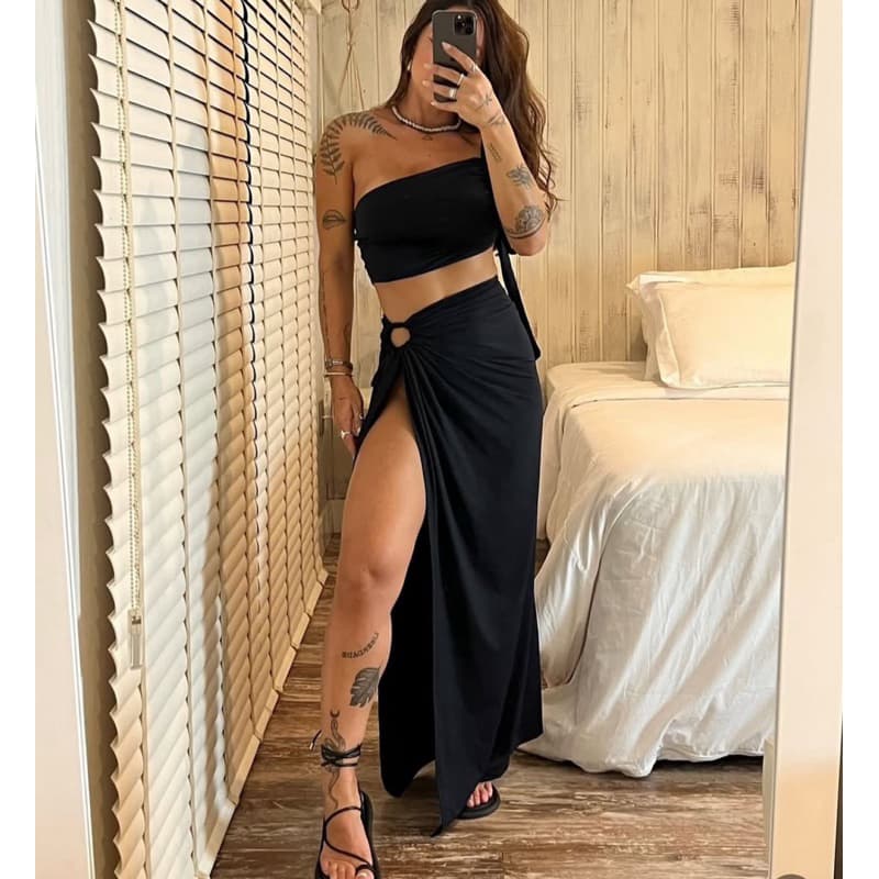 conjunto midi praiano tecido suplex premium verão moda feminina com detalhe na saia amarração e abertura/fenda lateral