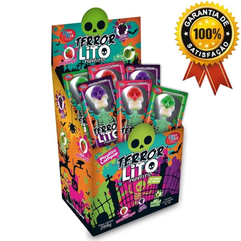 PURULITO TERROR LITO NEON FORMATO ESQUELETO 24UN × 12G - DOCE MIX CANDY