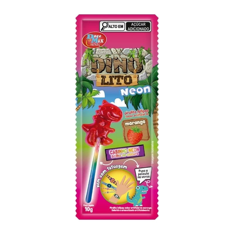 PIRULITO DINOSSAURO NEON COM TATUAGEM 15UN × 10G - DOCE MIX CANDY