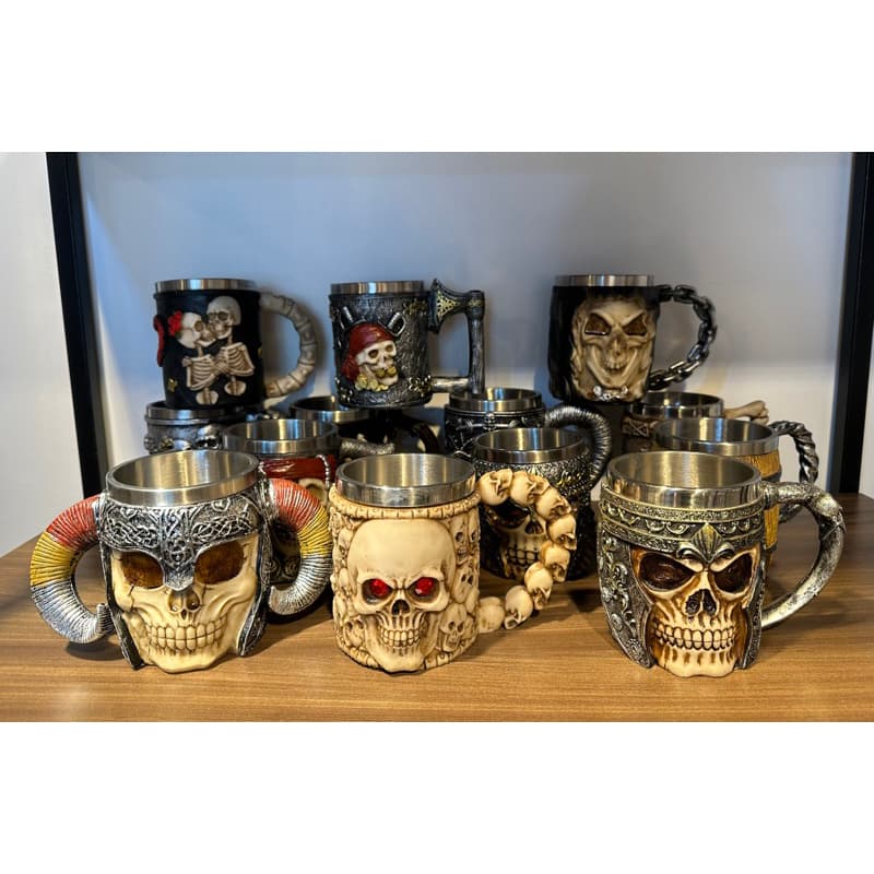 Caneca Caveira Viking Medieval Resina Aço Inox 400ml