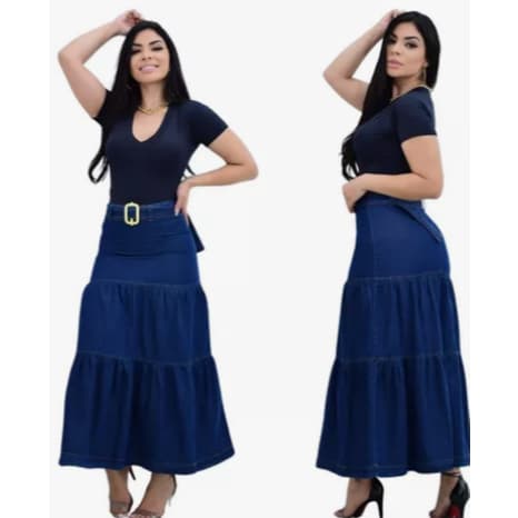 Saia Jeans Evangelica Tres Marias com Cinto até do 38 ao 54 Duas Cores