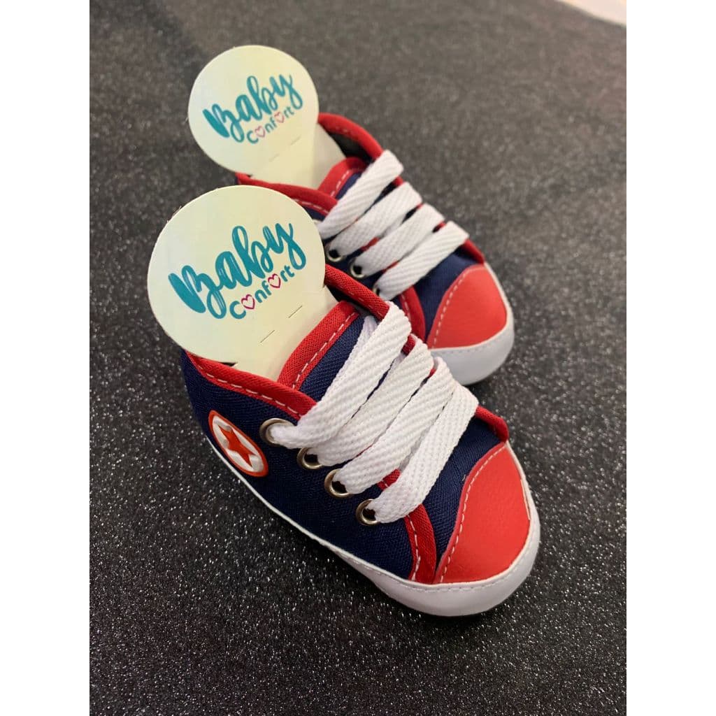 Sapatinho de bebê recém nascido - Tênis Azul Marinho c/ Vermelho Masculino
