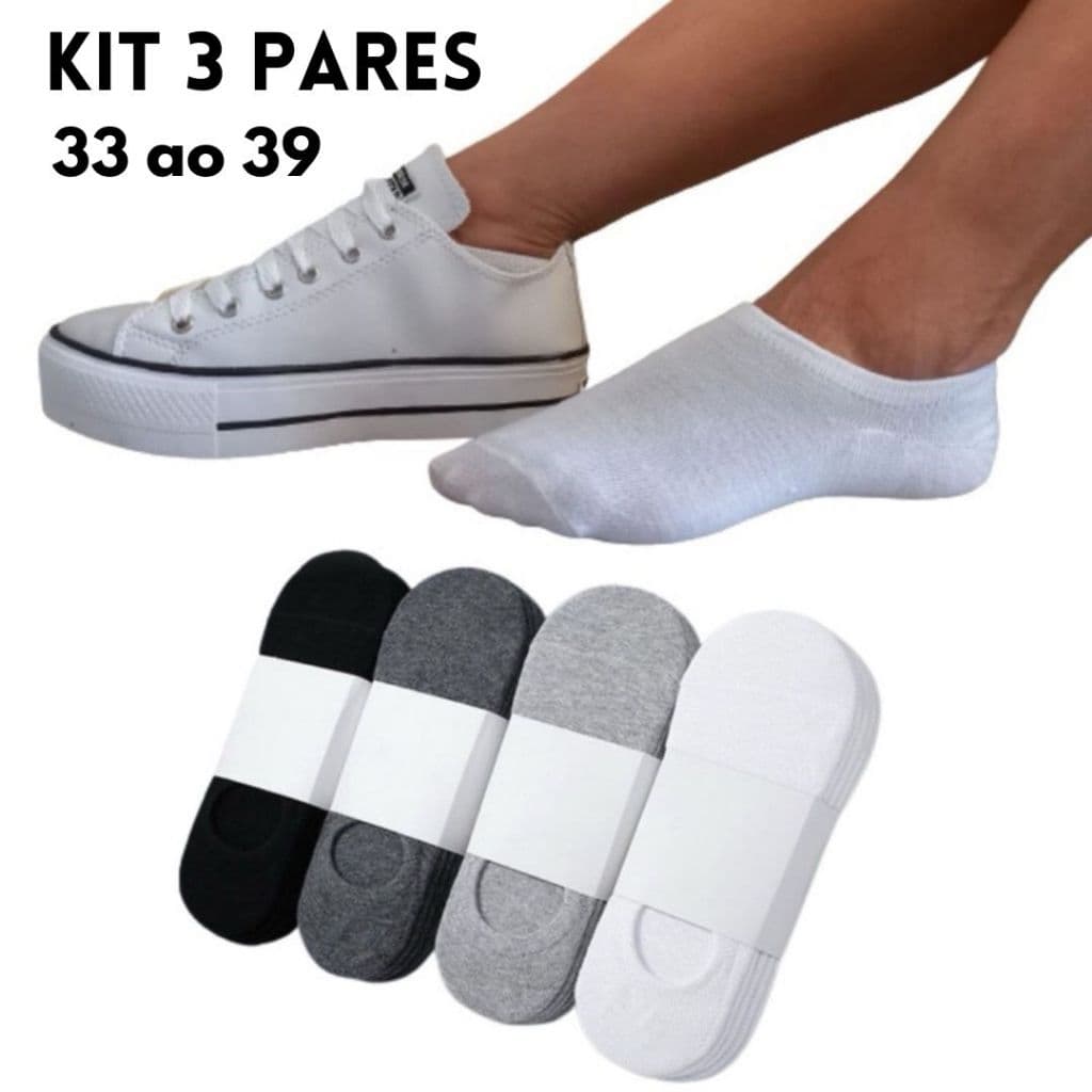Kit 3 pares de Meias Invisível  33 ao39 Tênis Sapatilha Unissex