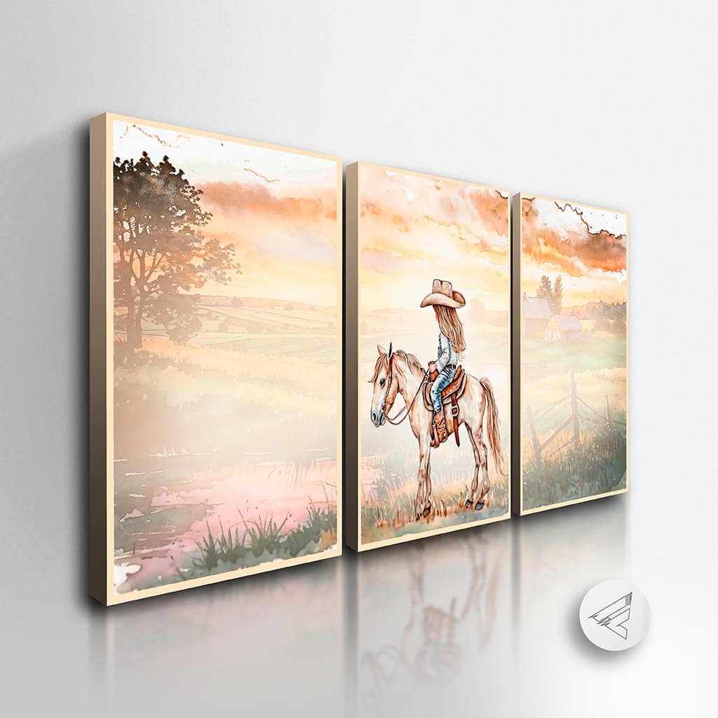 Kit 3 Quadros Decorativos Menina com Cavalo Infantil Paisagem quarto sala All